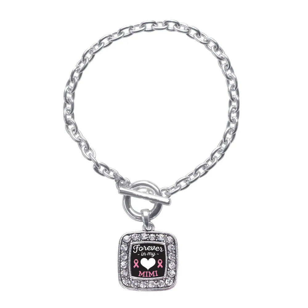 Silver Forever in my Heart Mimi Breast Cancer Support Square Charm Toggle Bracelet
