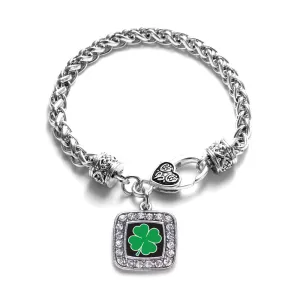 Silver Four Leaf Clover Square Charm Braided Bracelet