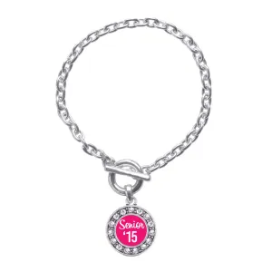 Silver Fuchsia Senior '15 Circle Charm Toggle Bracelet
