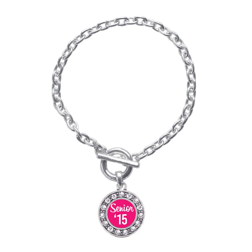 Silver Fuchsia Senior '15 Circle Charm Toggle Bracelet