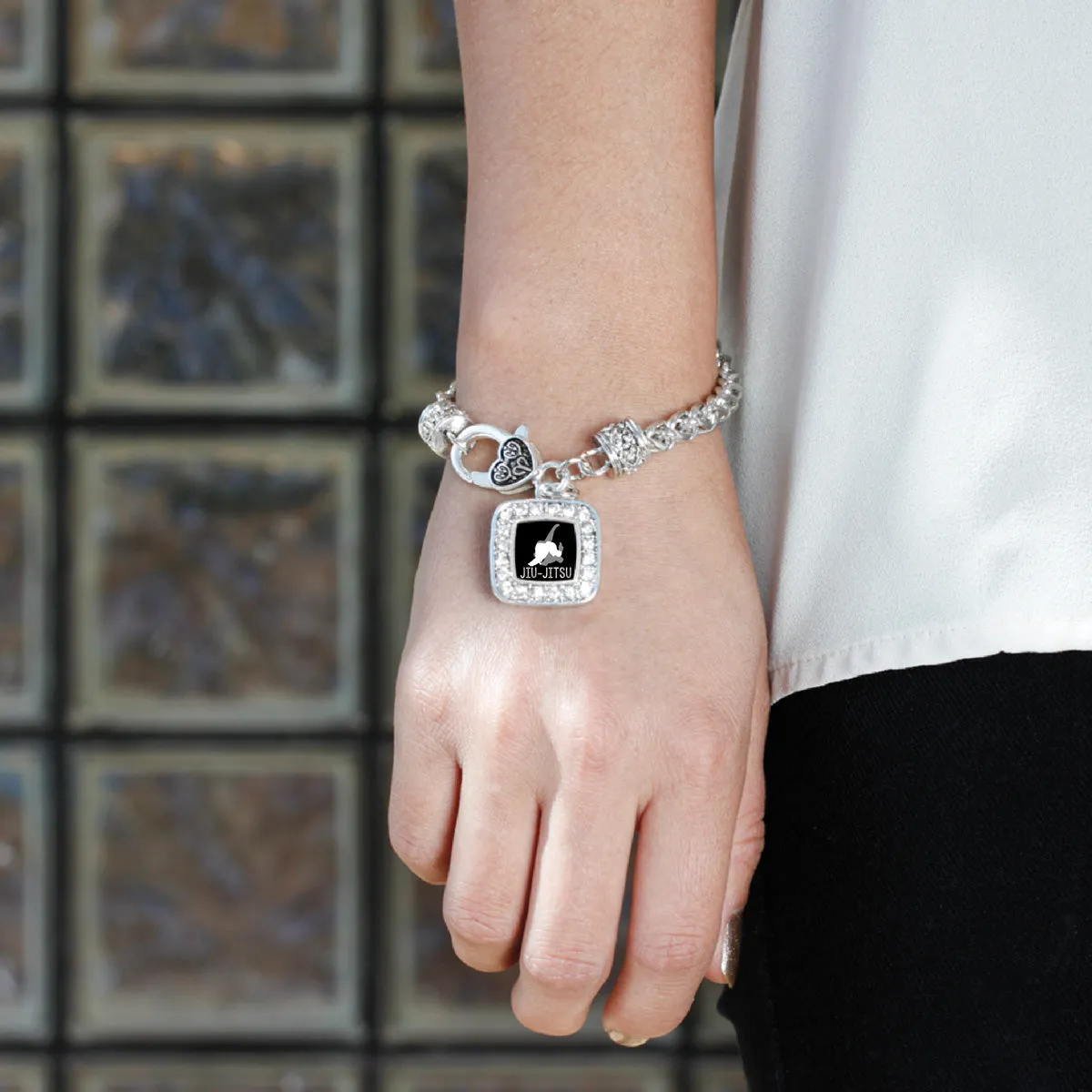 Silver Jiu-jitsu Square Charm Braided Bracelet