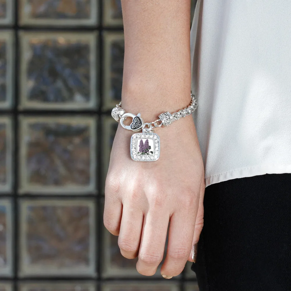 Silver Lilac Flower Square Charm Braided Bracelet