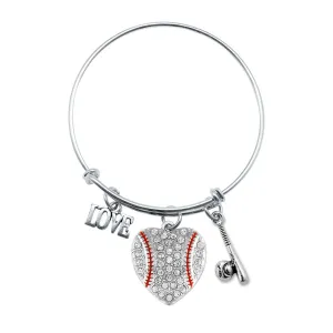 Silver Love Baseball Heart Bat Charm Wire Bangle Bracelet