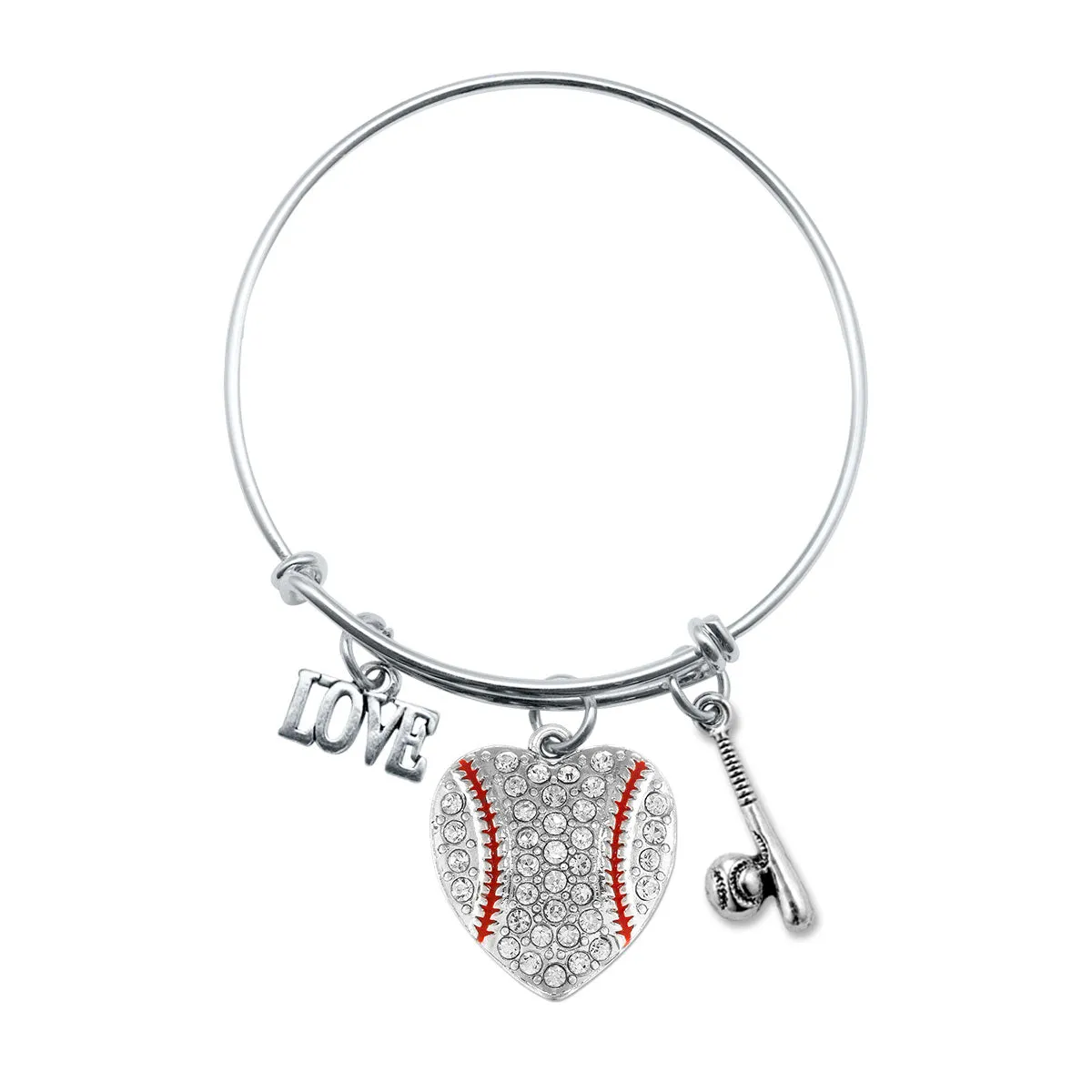 Silver Love Baseball Heart Bat Charm Wire Bangle Bracelet