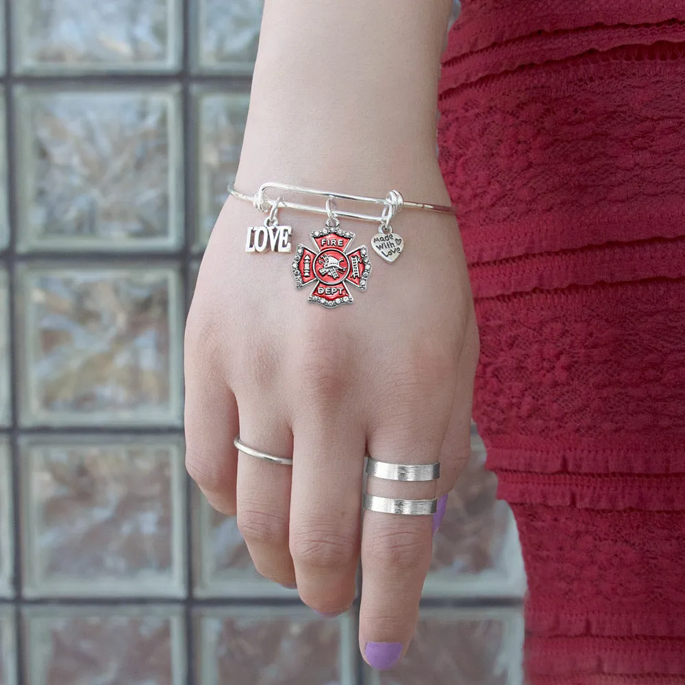 Silver Love Firefighter Badge Charm Wire Bangle Bracelet