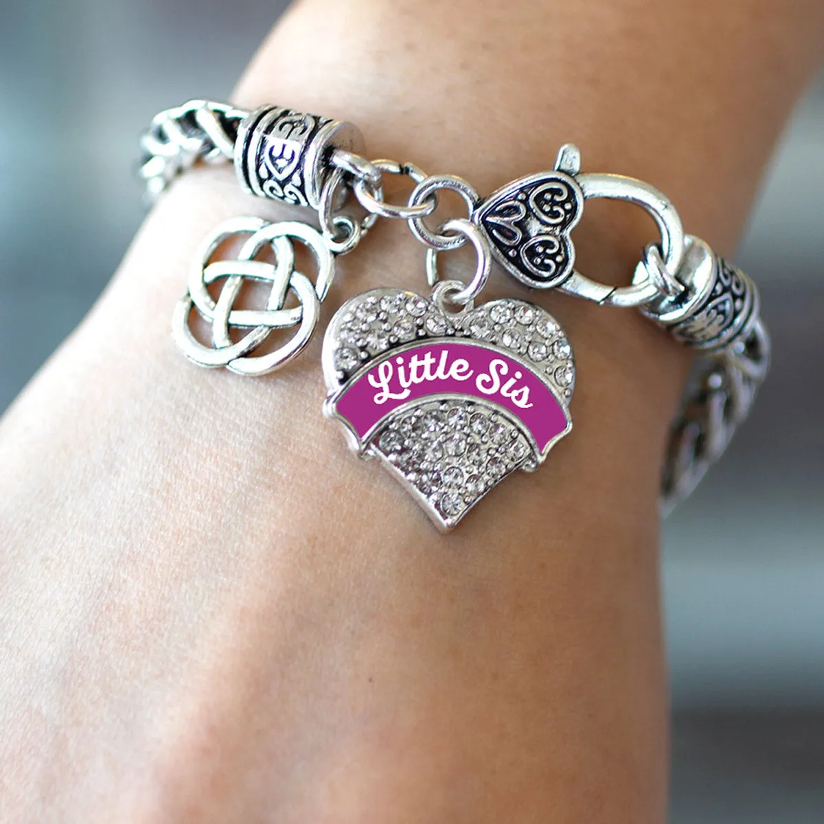 Silver Magenta Little Sis Celtic Knot Pave Heart Charm Braided Bracelet