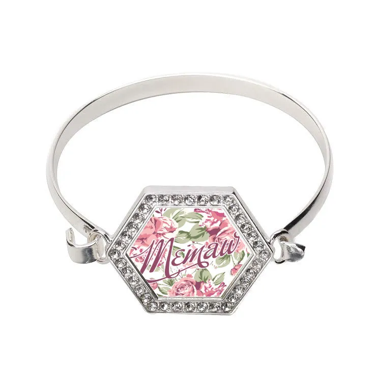 Silver Memaw Floral Hexagon Charm Bangle Bracelet