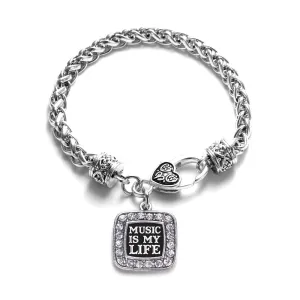 Silver Music Is My Life Square Charm Braided Bracelet