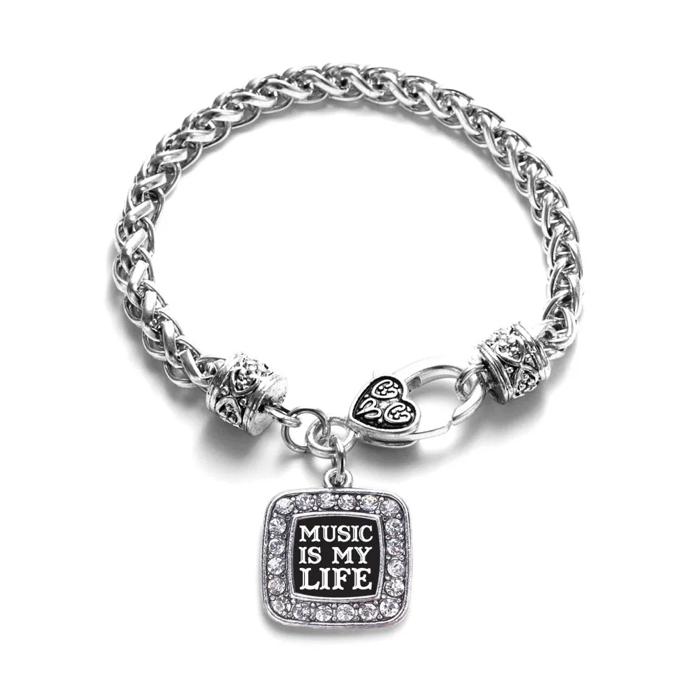 Silver Music Is My Life Square Charm Braided Bracelet