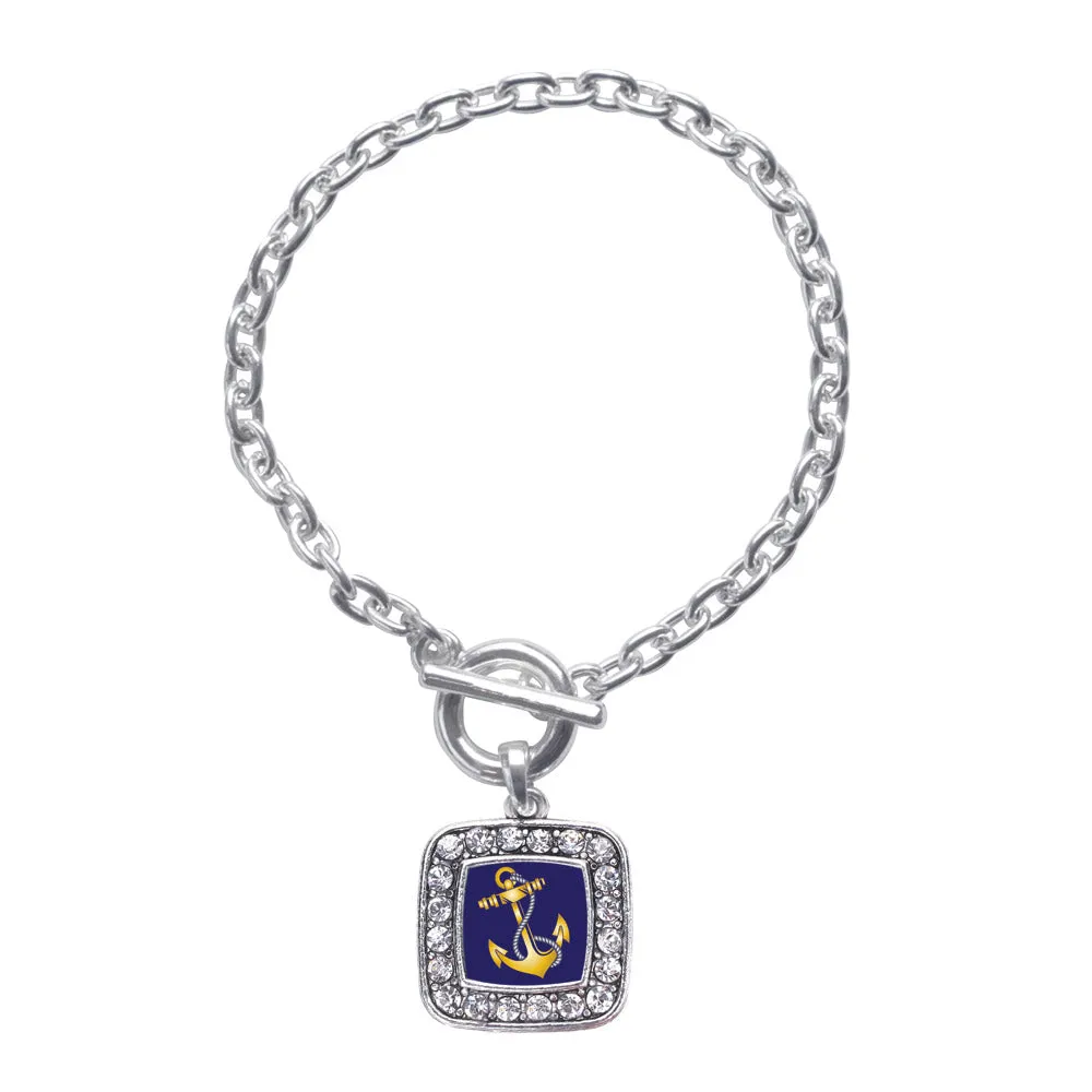 Silver Navy Anchor Square Charm Toggle Bracelet
