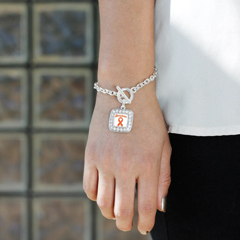 Silver Orange Ribbon Survivor Square Charm Toggle Bracelet
