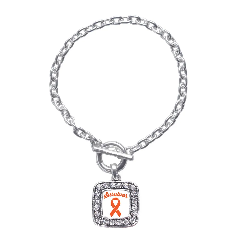 Silver Orange Ribbon Survivor Square Charm Toggle Bracelet