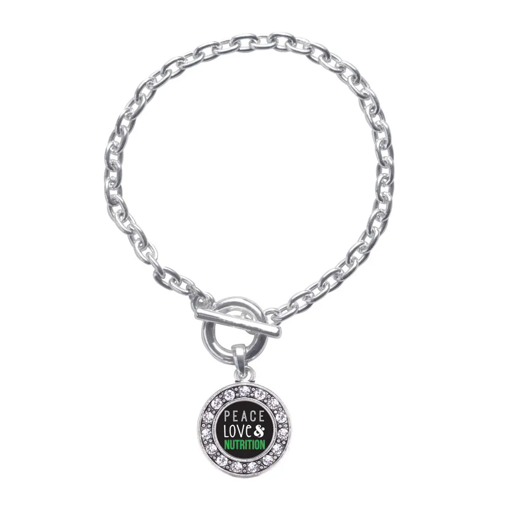 Silver Peace, Love, and Nutrition Circle Charm Toggle Bracelet