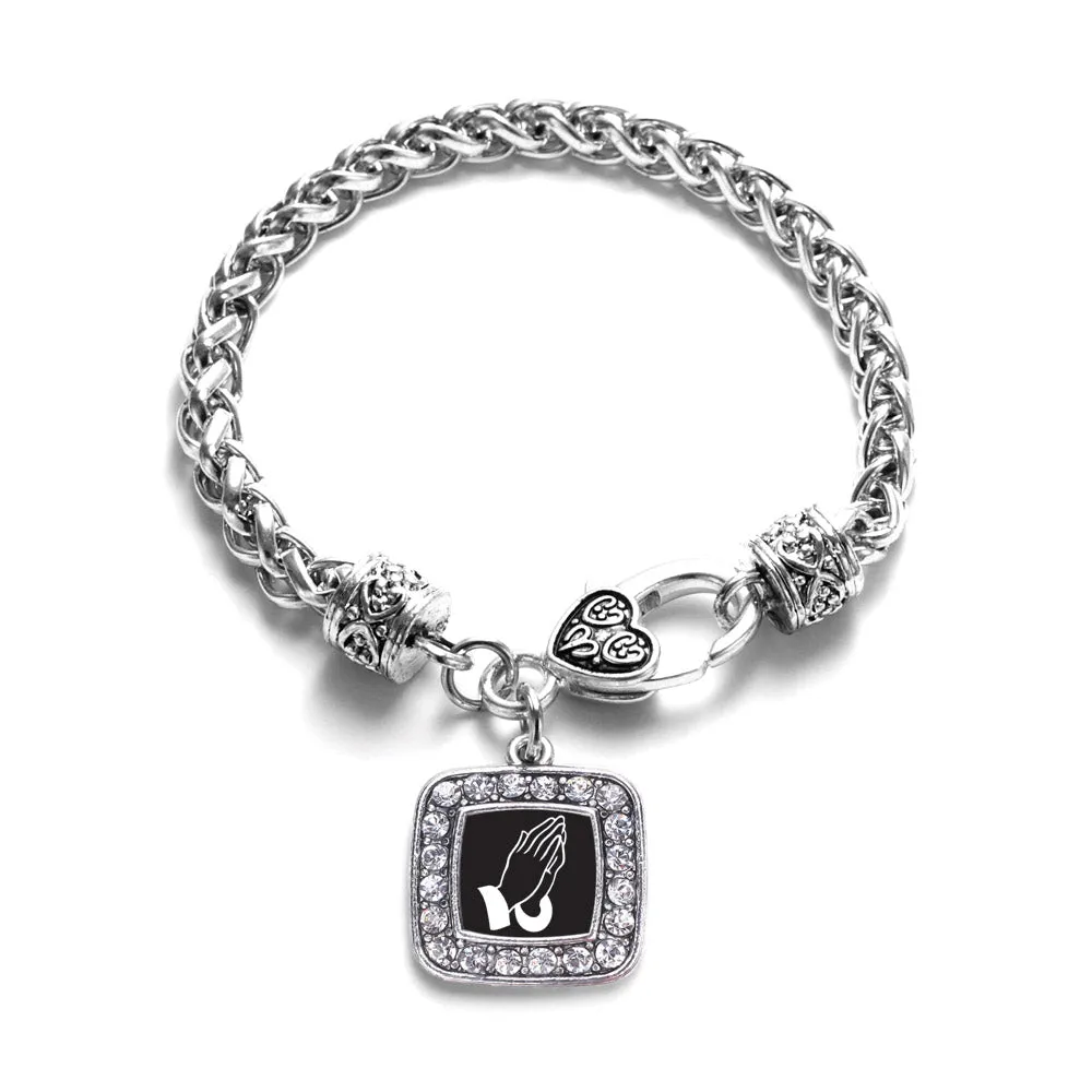 Silver Praying Hands Square Charm Braided Bracelet