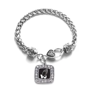 Silver Praying Hands Square Charm Braided Bracelet