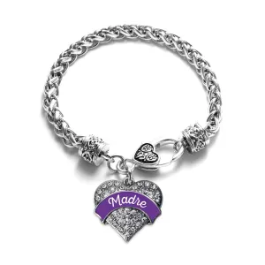 Silver Purple Madre Pave Heart Charm Braided Bracelet