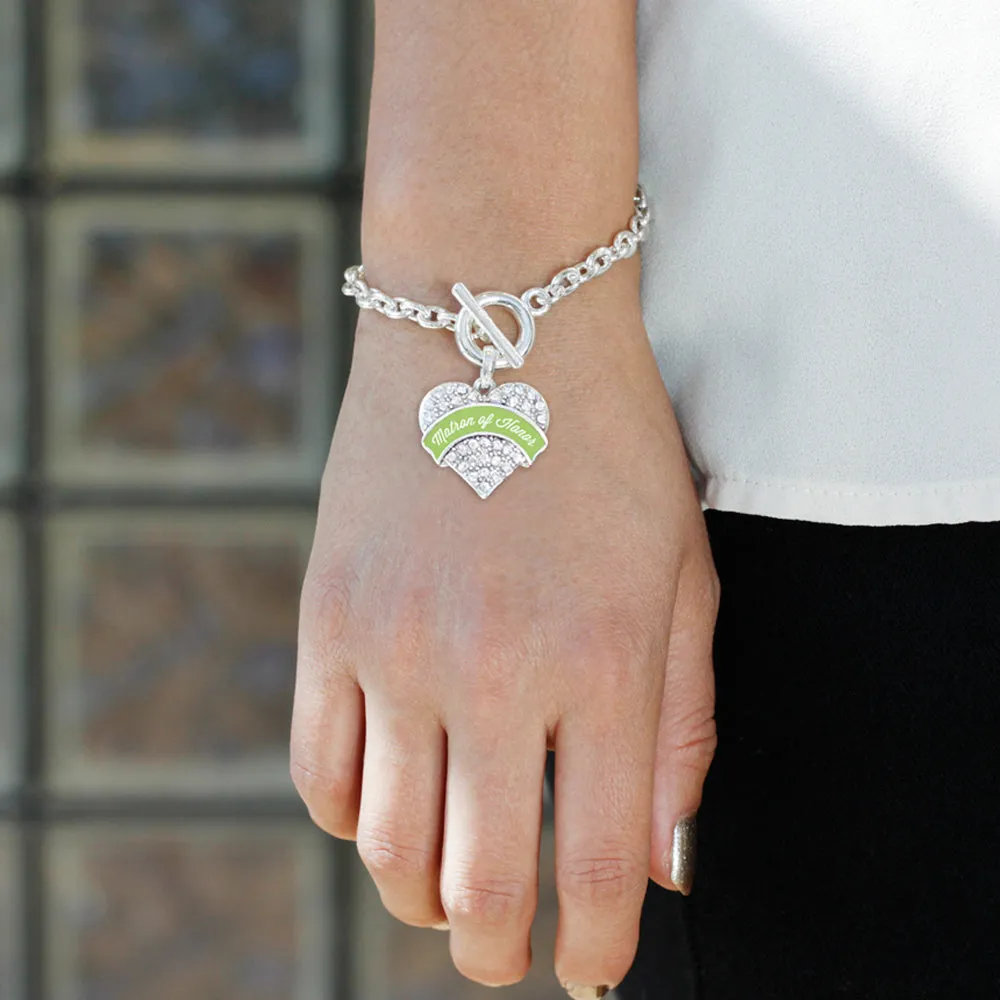 Silver Sage Green Matron Pave Heart Charm Toggle Bracelet