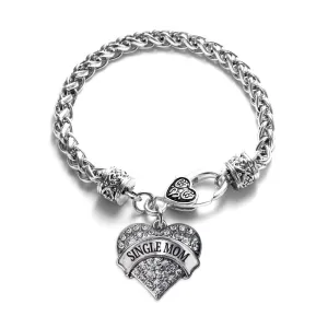 Silver Single Mom Pave Heart Charm Braided Bracelet