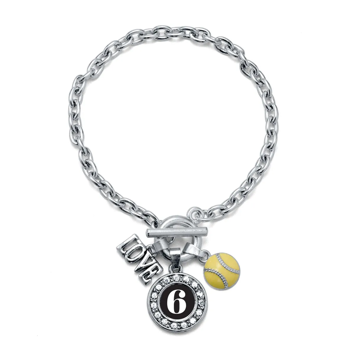 Silver Softball - Sports Number 6 Circle Charm Toggle Bracelet