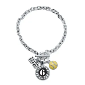Silver Softball - Sports Number 6 Circle Charm Toggle Bracelet