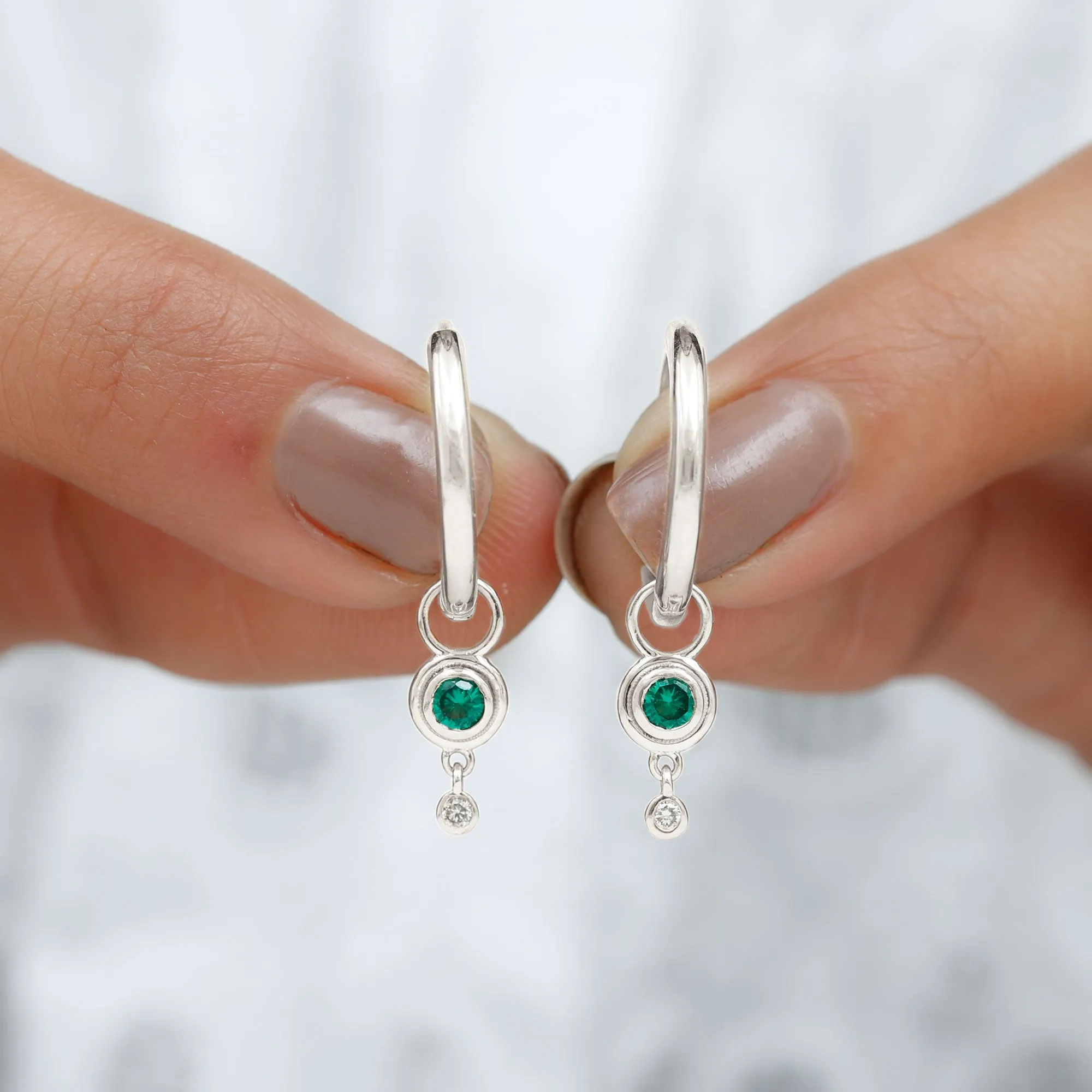 Simple Lab Grown Emerald and Diamond Drop Hoop Earrings