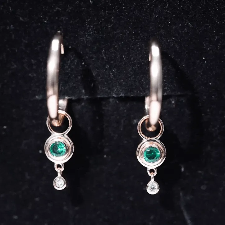 Simple Lab Grown Emerald and Diamond Drop Hoop Earrings