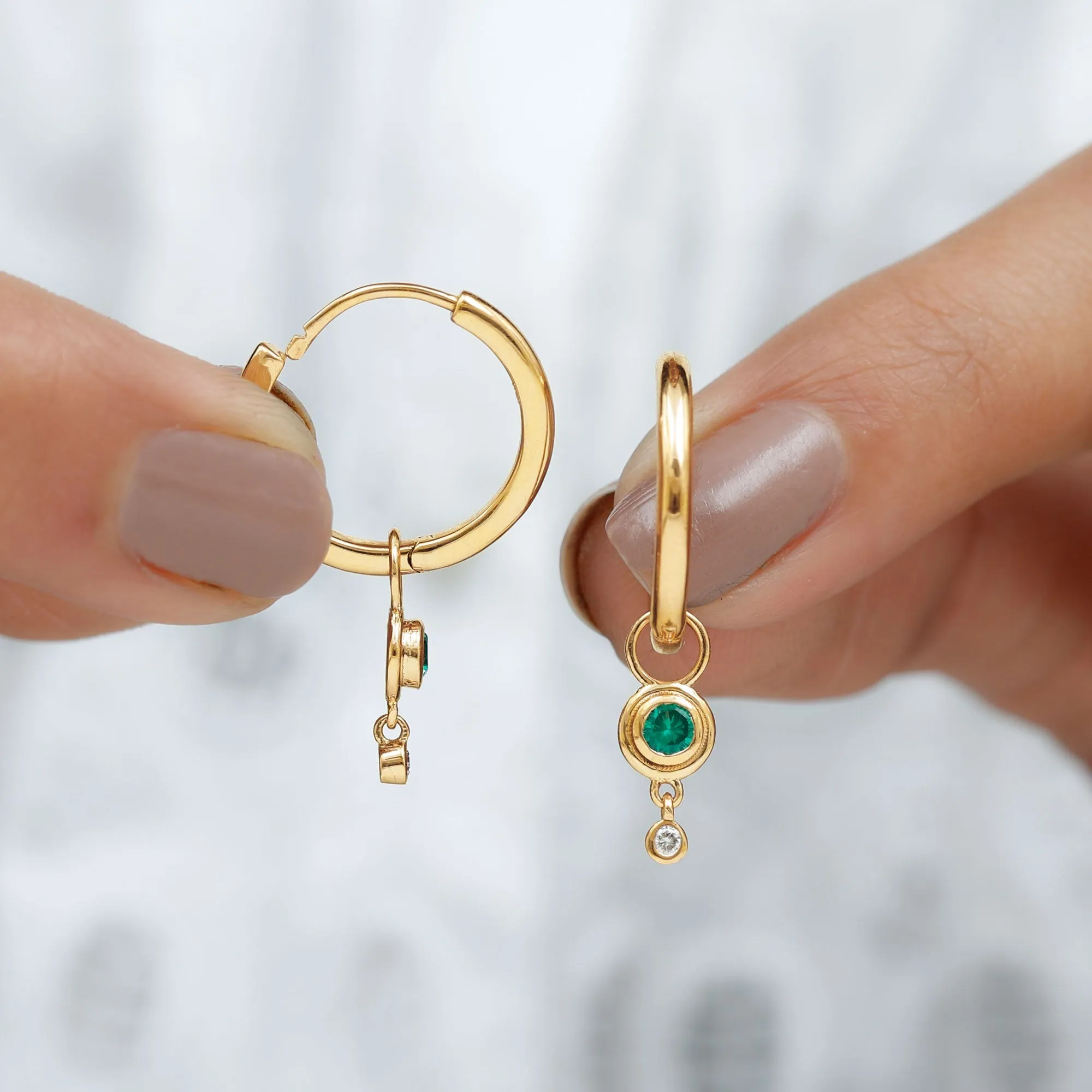Simple Lab Grown Emerald and Diamond Drop Hoop Earrings