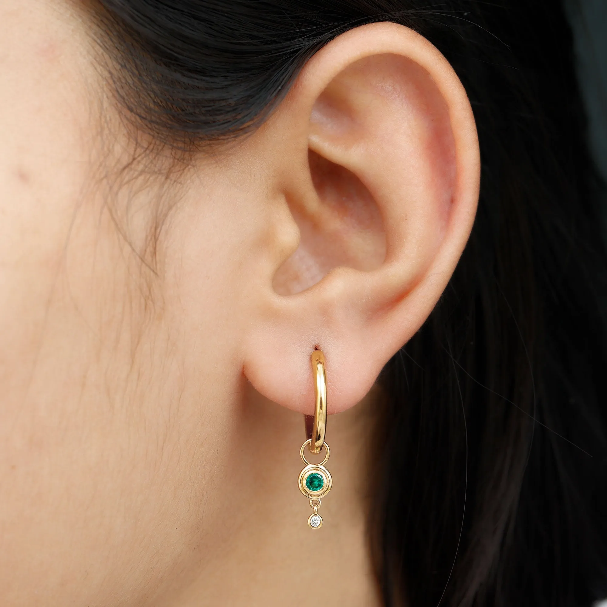 Simple Lab Grown Emerald and Diamond Drop Hoop Earrings