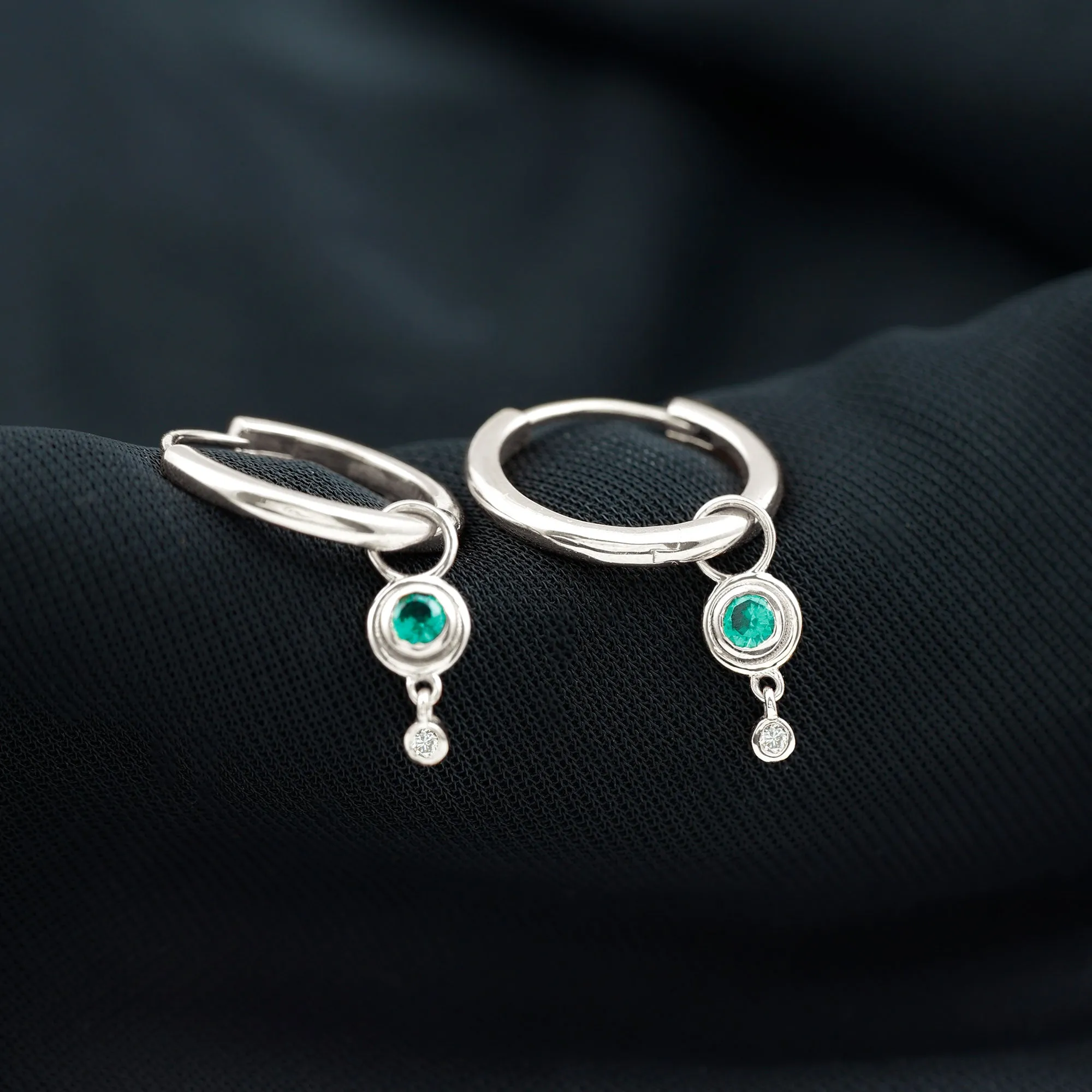 Simple Lab Grown Emerald and Diamond Drop Hoop Earrings