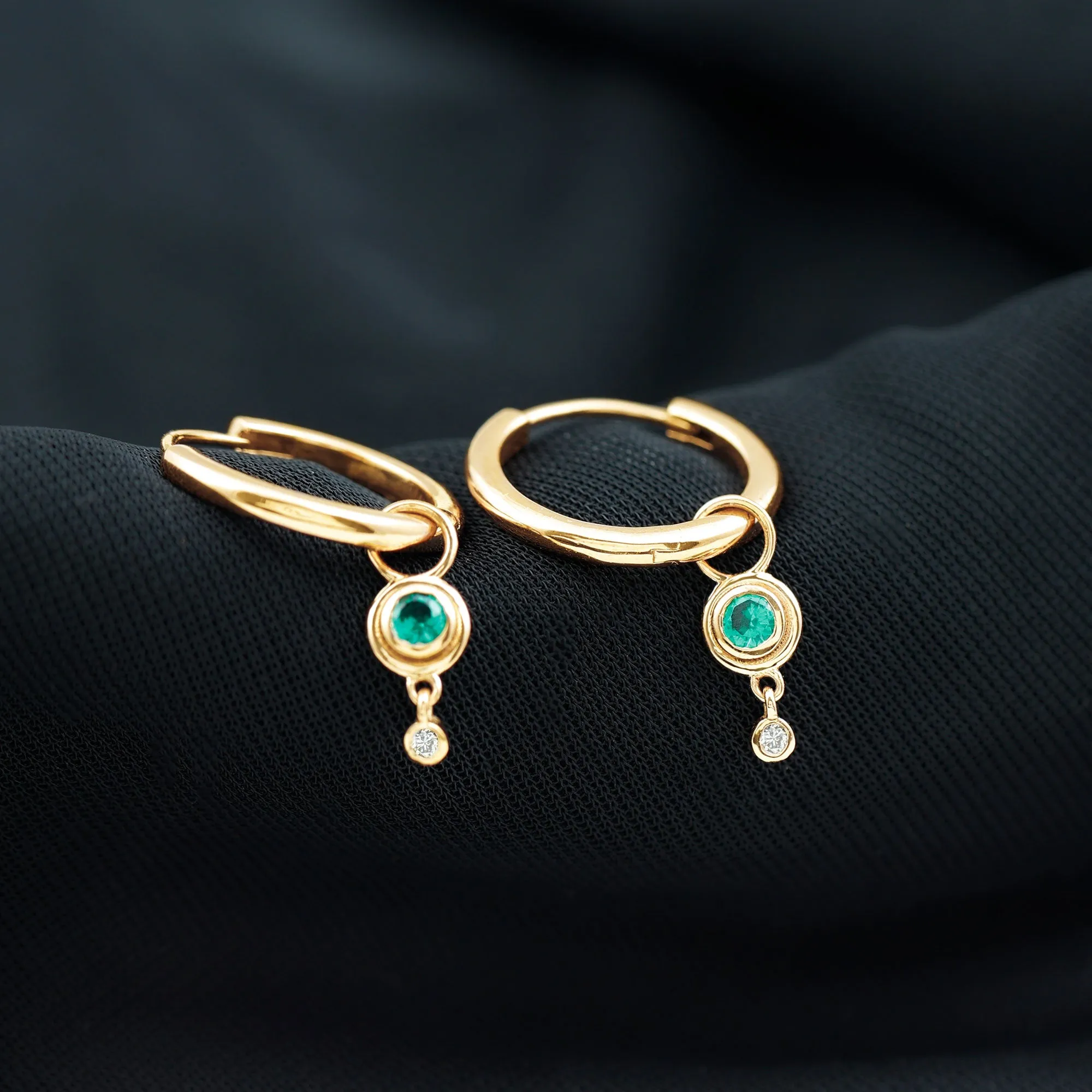 Simple Lab Grown Emerald and Diamond Drop Hoop Earrings