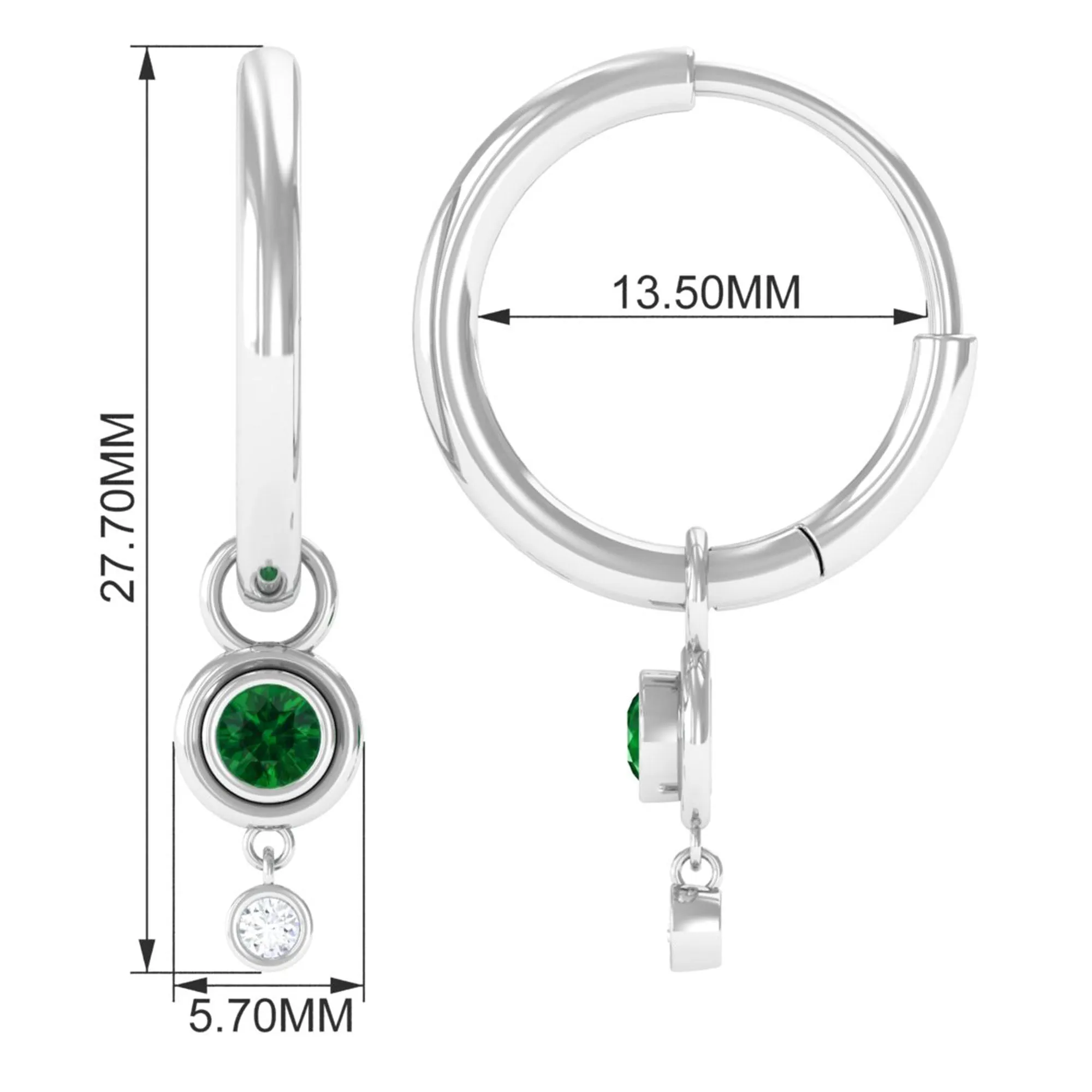 Simple Lab Grown Emerald and Diamond Drop Hoop Earrings