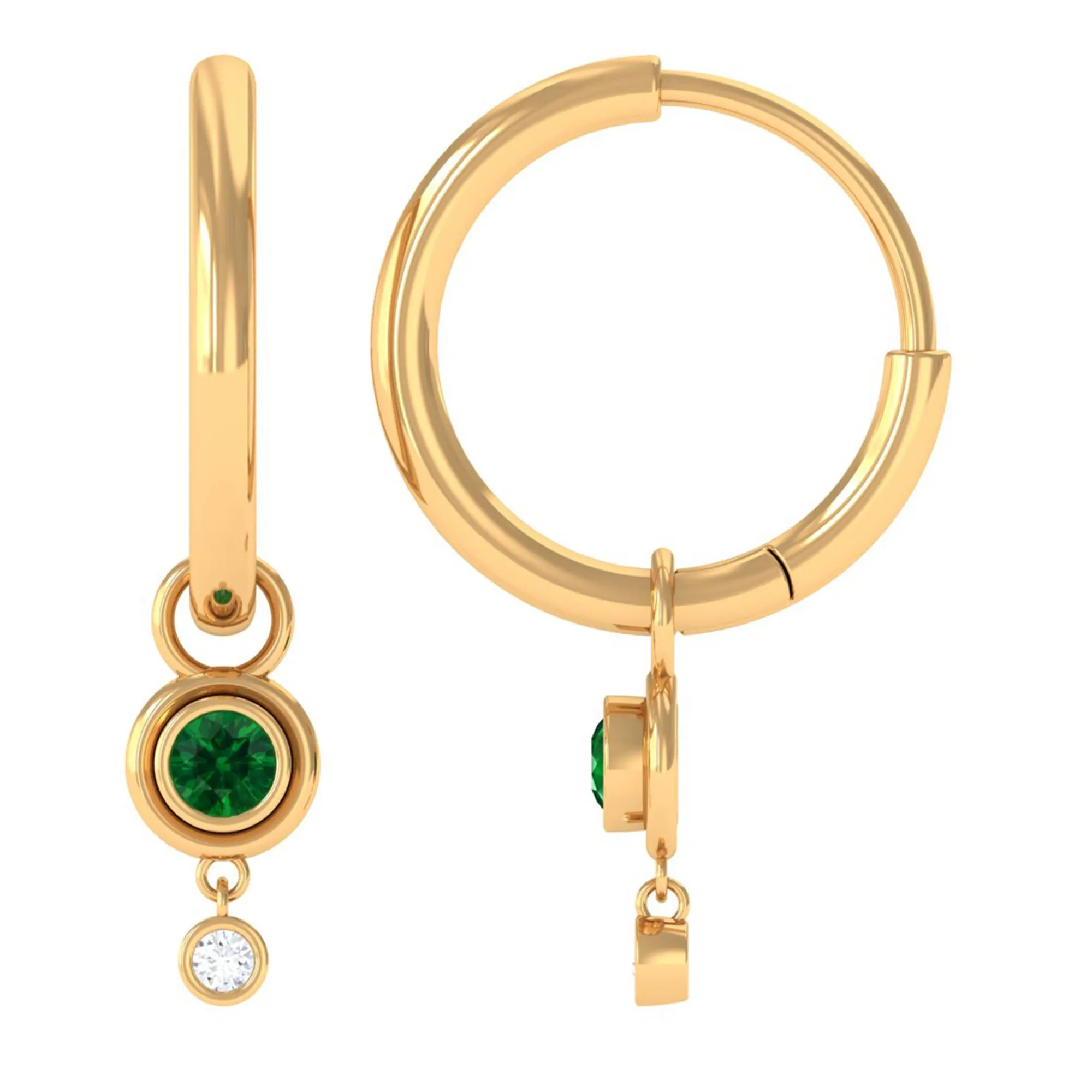 Simple Lab Grown Emerald and Diamond Drop Hoop Earrings