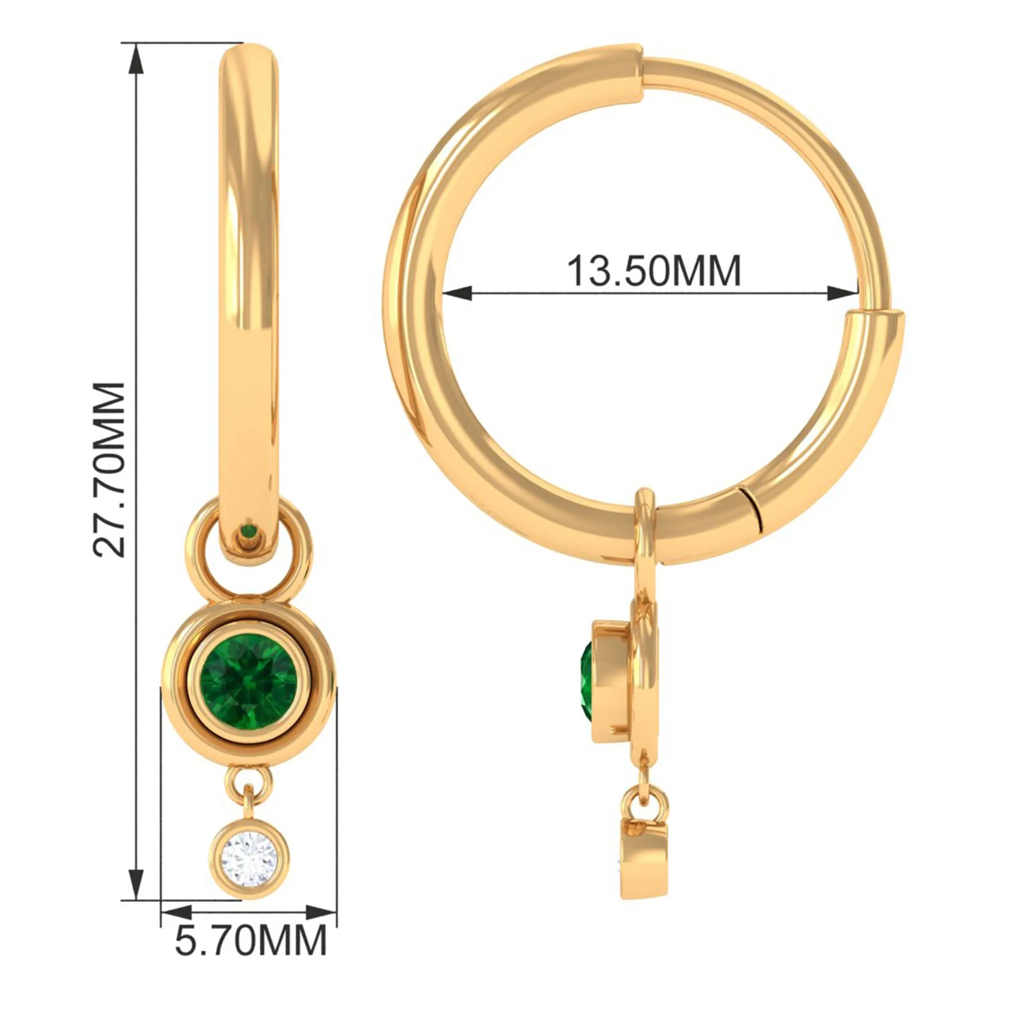 Simple Lab Grown Emerald and Diamond Drop Hoop Earrings