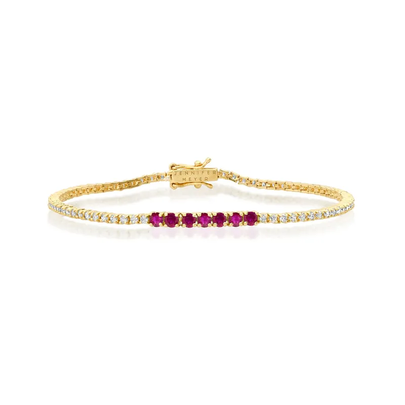 Small 4-Prong Diamond Tennis Bracelet with Large Ruby Accent