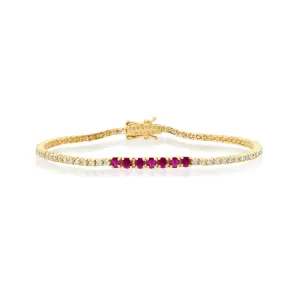 Small 4-Prong Diamond Tennis Bracelet with Large Ruby Accent