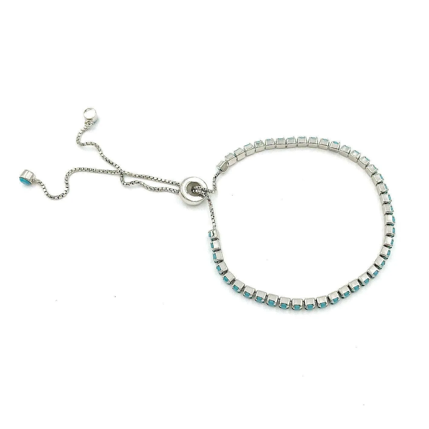 Tennis Bracelet 925 Sterling Silver 2mm Slider/Slide Bolo Simulated Turquoise