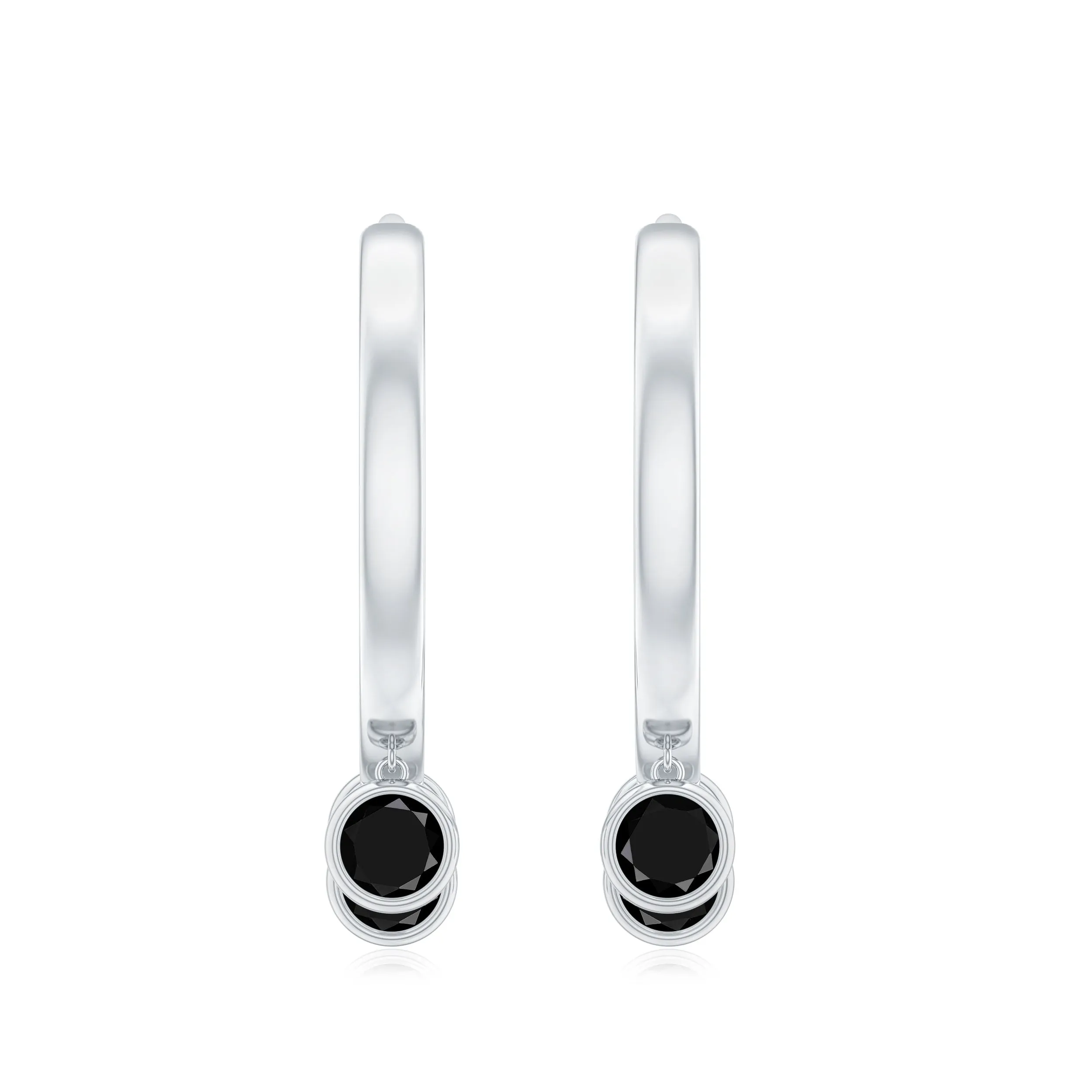 Three Stone Created Black Diamond Hoop Drop Earrings in Bezel Setting