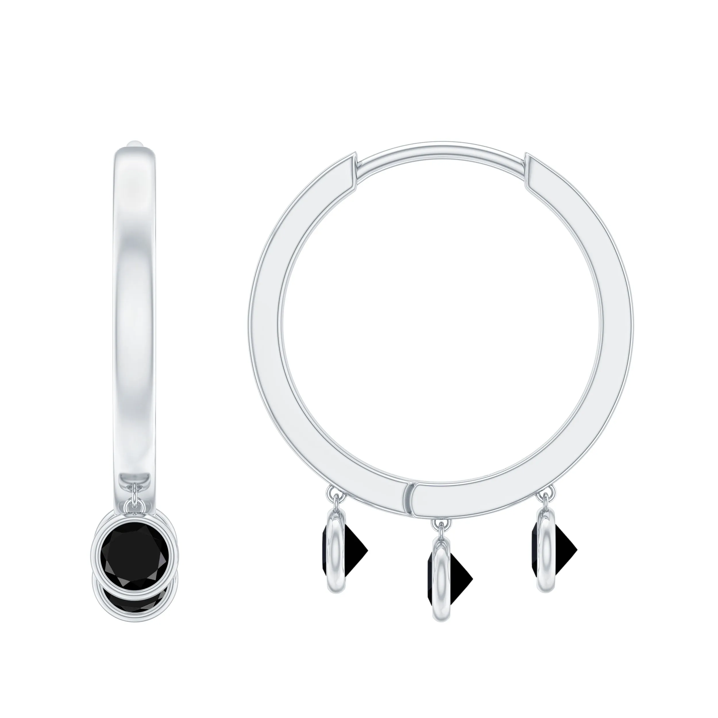 Three Stone Created Black Diamond Hoop Drop Earrings in Bezel Setting