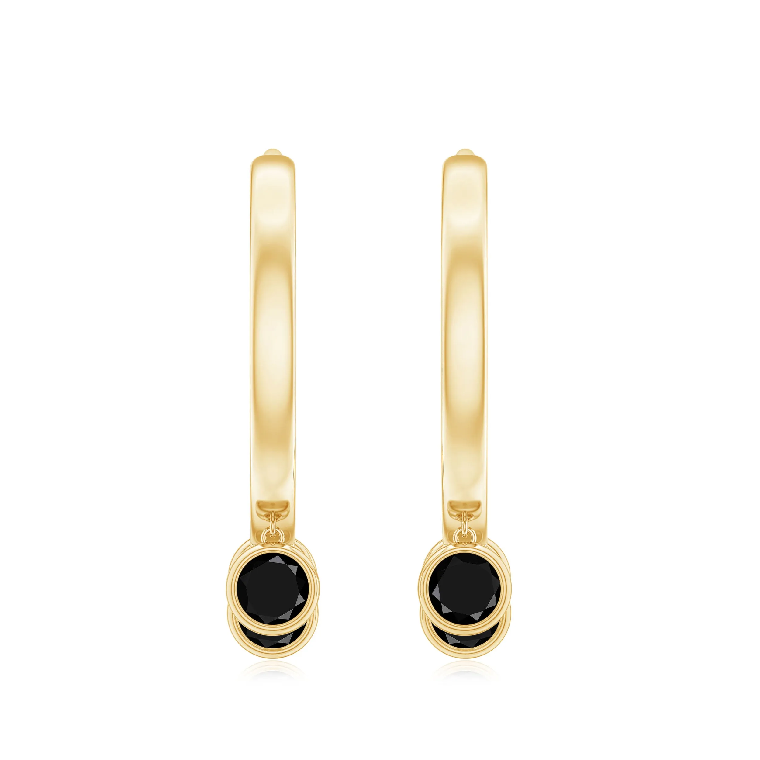Three Stone Created Black Diamond Hoop Drop Earrings in Bezel Setting