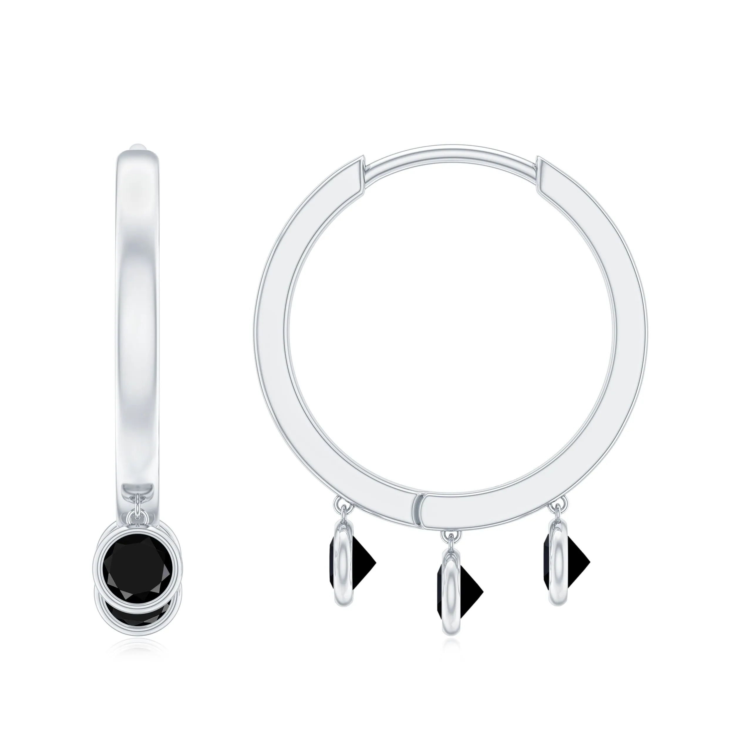 Three Stone Created Black Diamond Hoop Drop Earrings in Bezel Setting