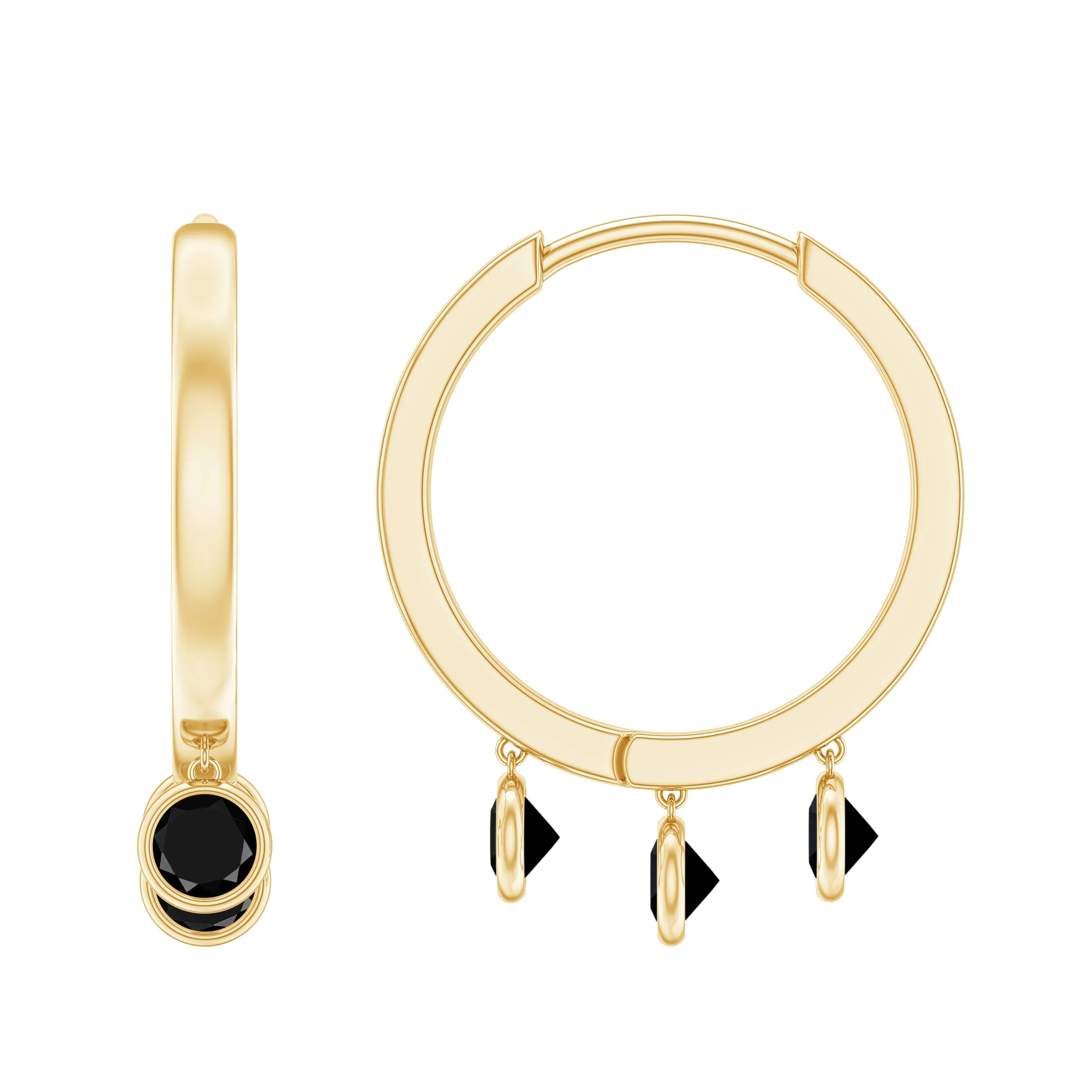 Three Stone Created Black Diamond Hoop Drop Earrings in Bezel Setting
