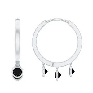 Three Stone Created Black Diamond Hoop Drop Earrings in Bezel Setting