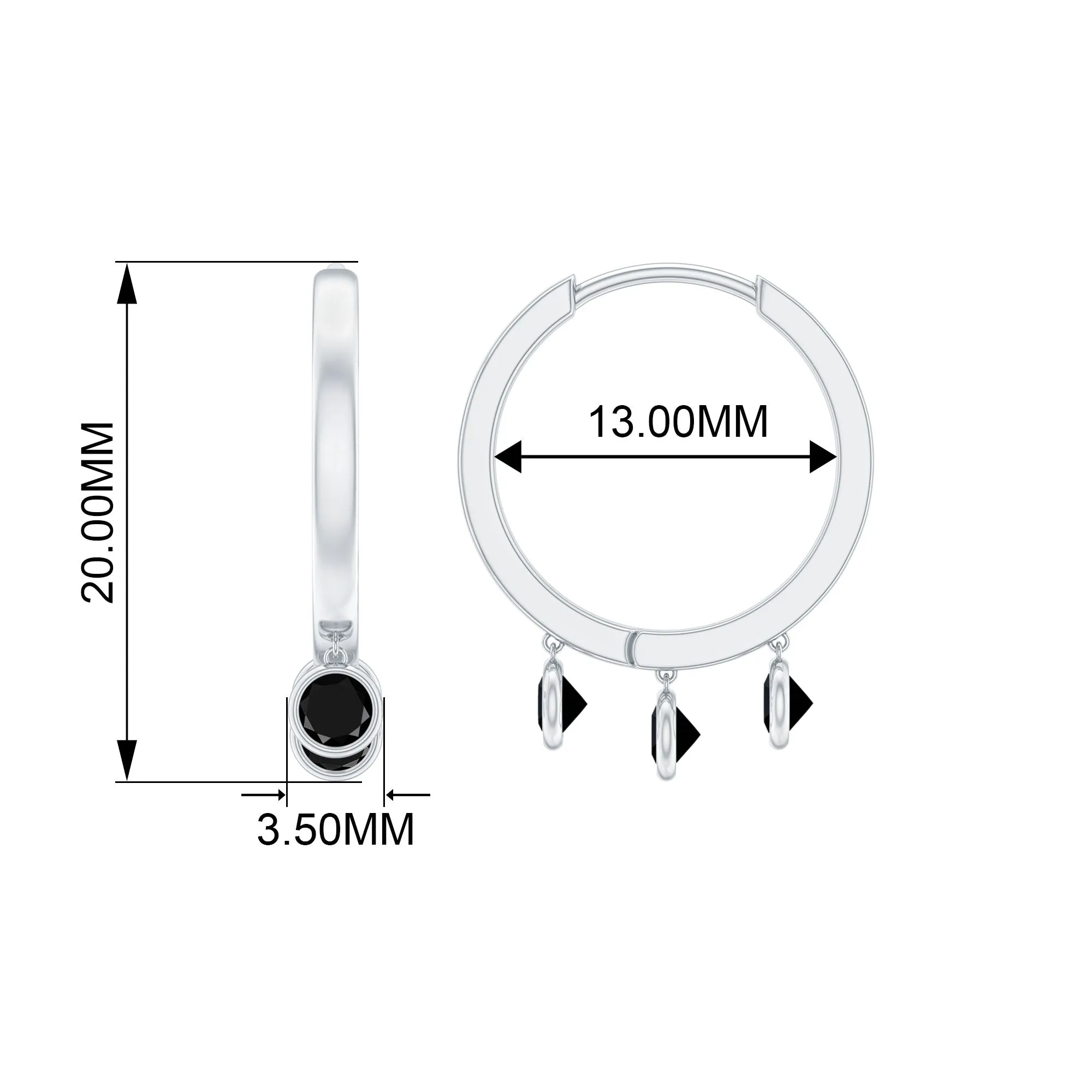 Three Stone Created Black Diamond Hoop Drop Earrings in Bezel Setting