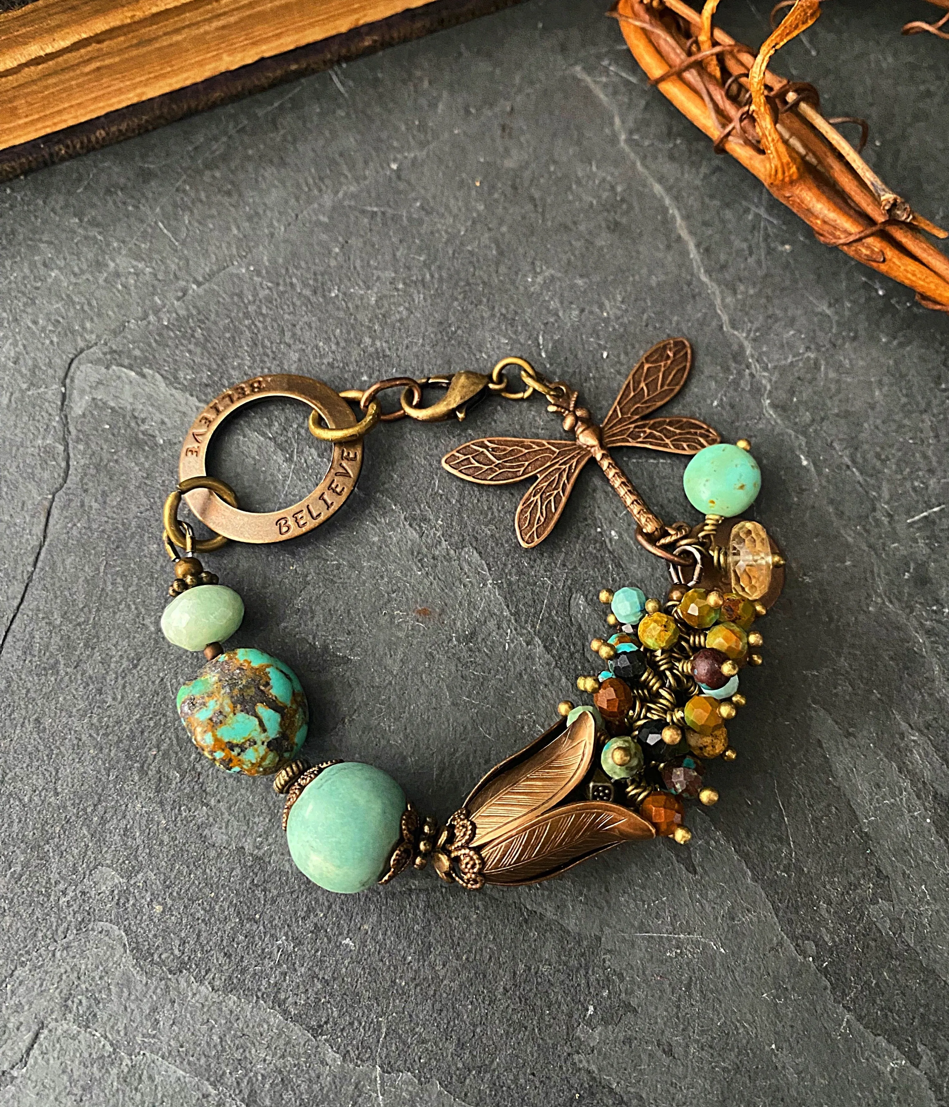 Turquoise, amazonite, ceramic, bronze metal, bracelet, KIT
