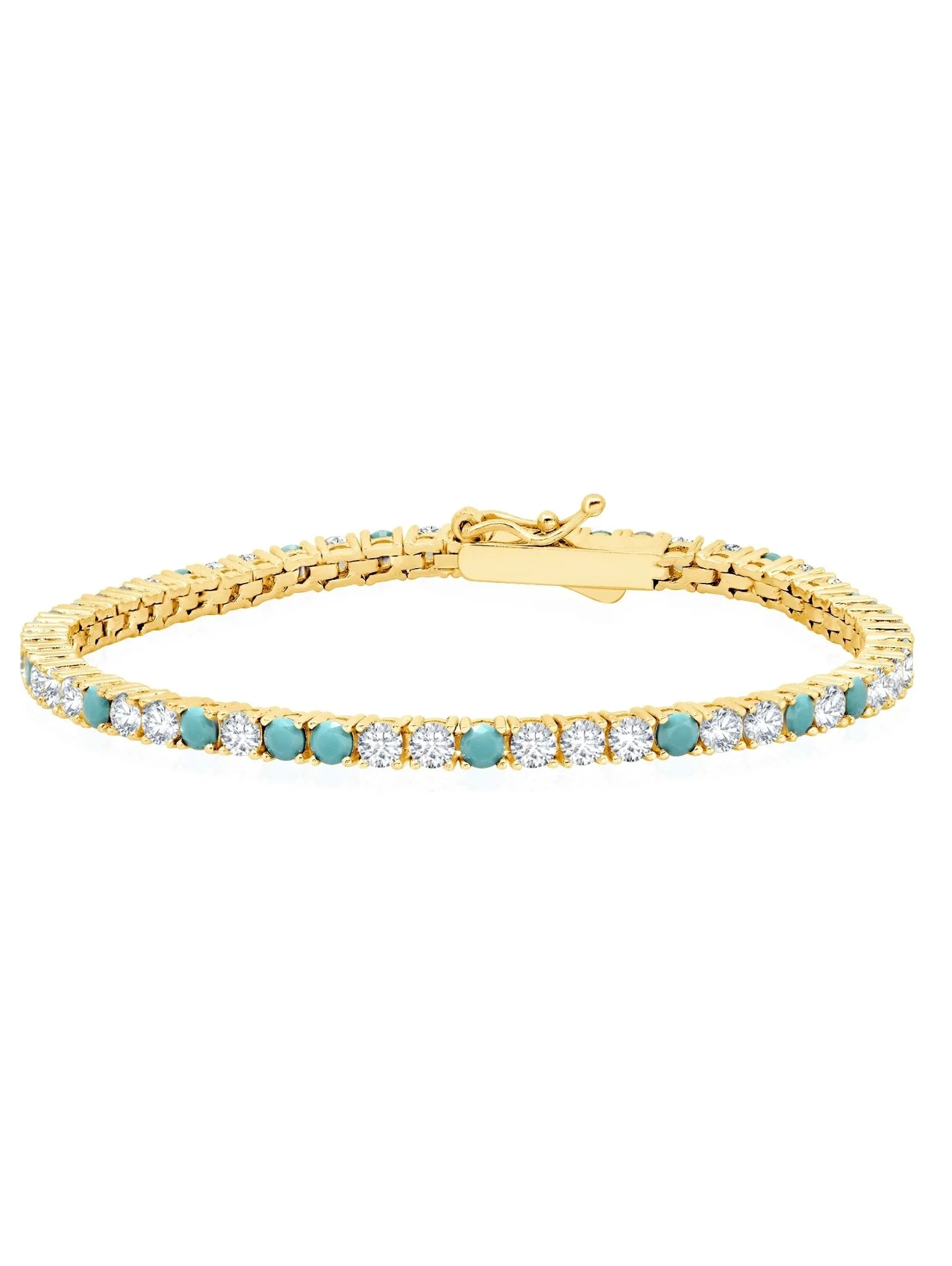 Turquoise and Flawless Cubic Zirconia Tennis Bracelet In 18kt Yellow Gold