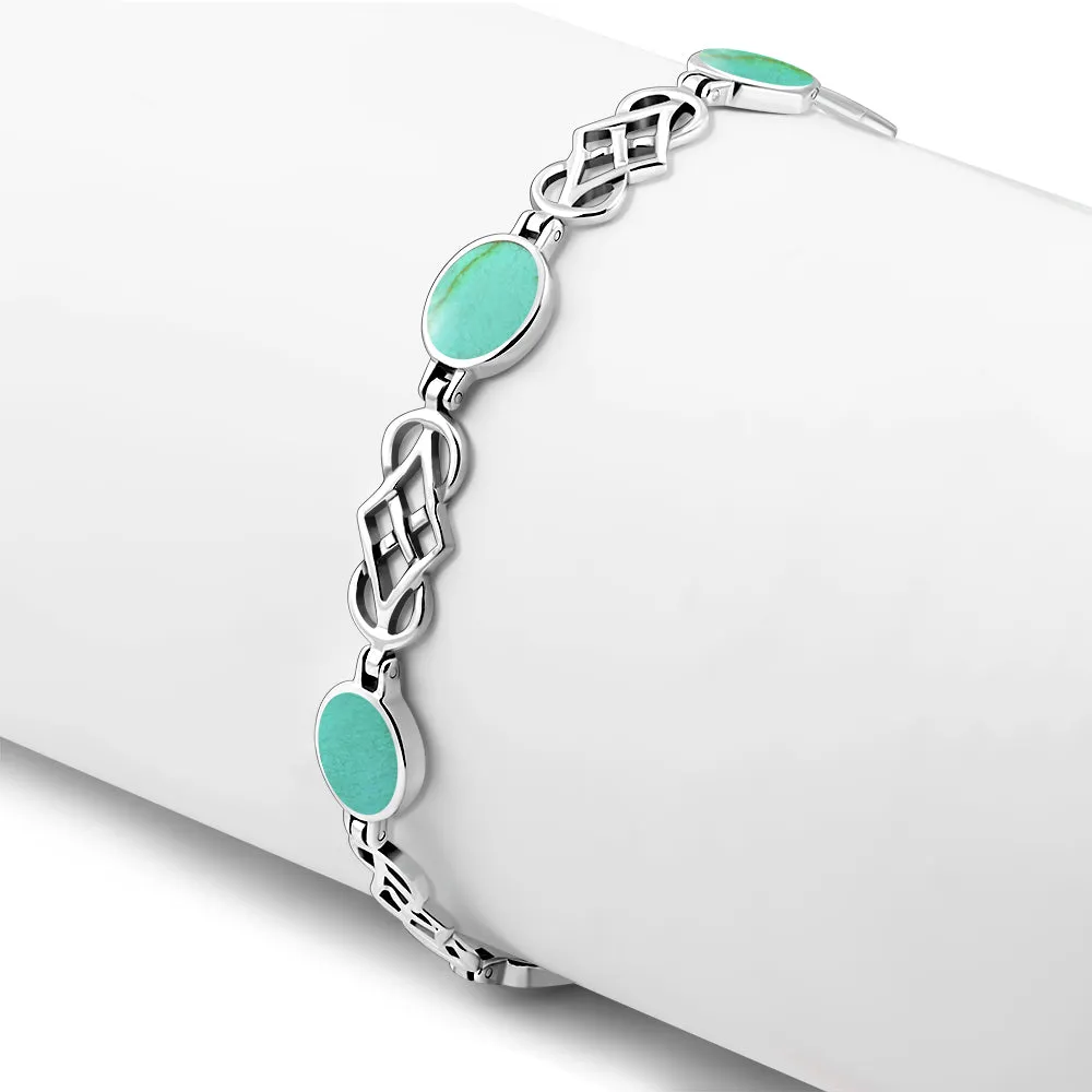Turquoise Oval Links Celtic Knot Silver Bracelet