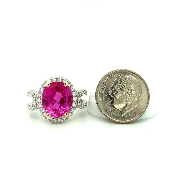 Unheated 5.73 Carat Pink Sapphire 'GIA' Diamond, Gold Engagement Cocktail Ring