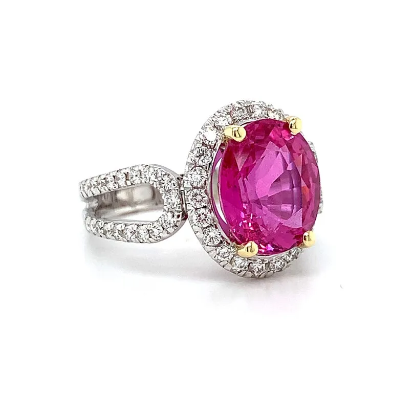 Unheated 5.73 Carat Pink Sapphire 'GIA' Diamond, Gold Engagement Cocktail Ring
