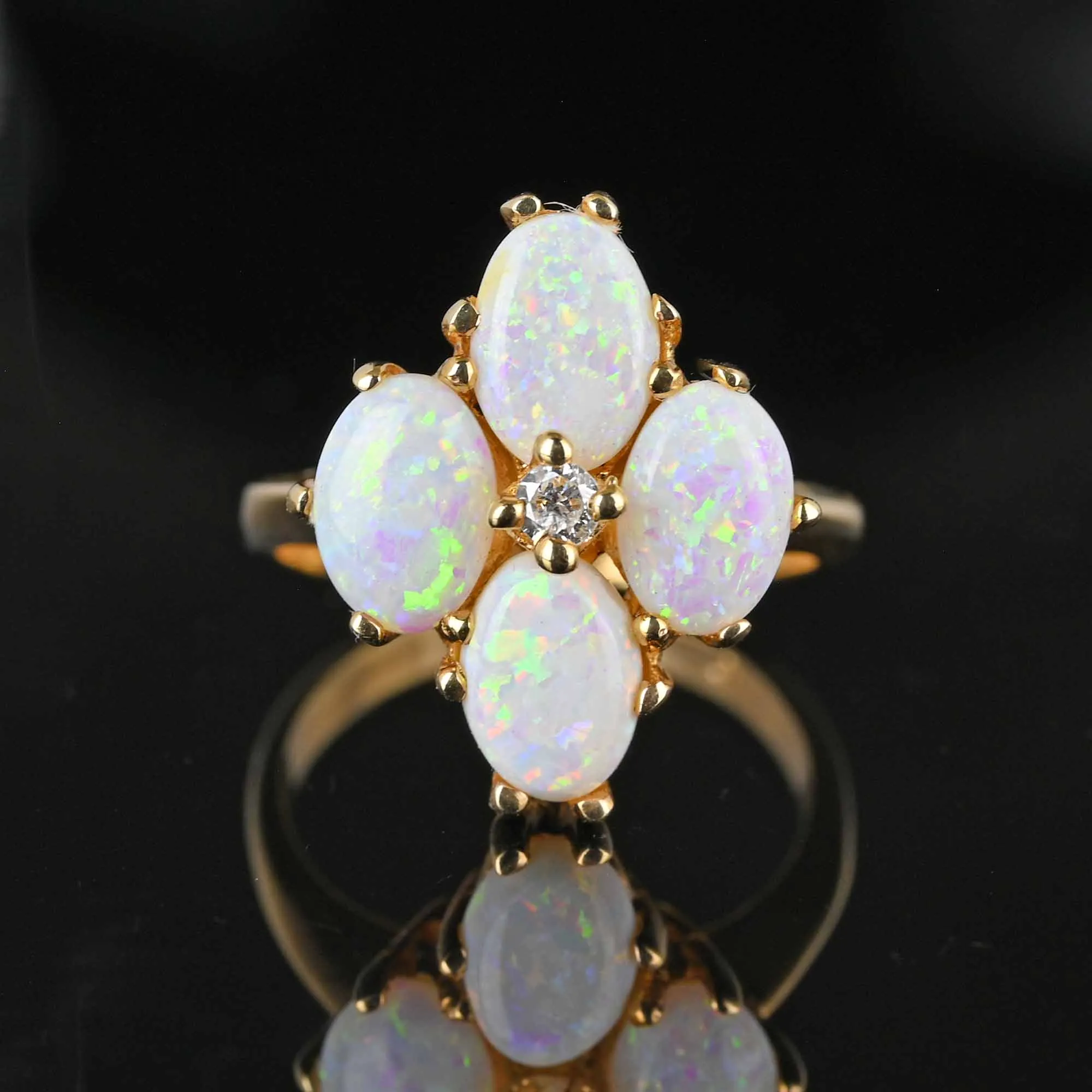 Vintage 14K Gold Diamond  Cabochon Opal Ring