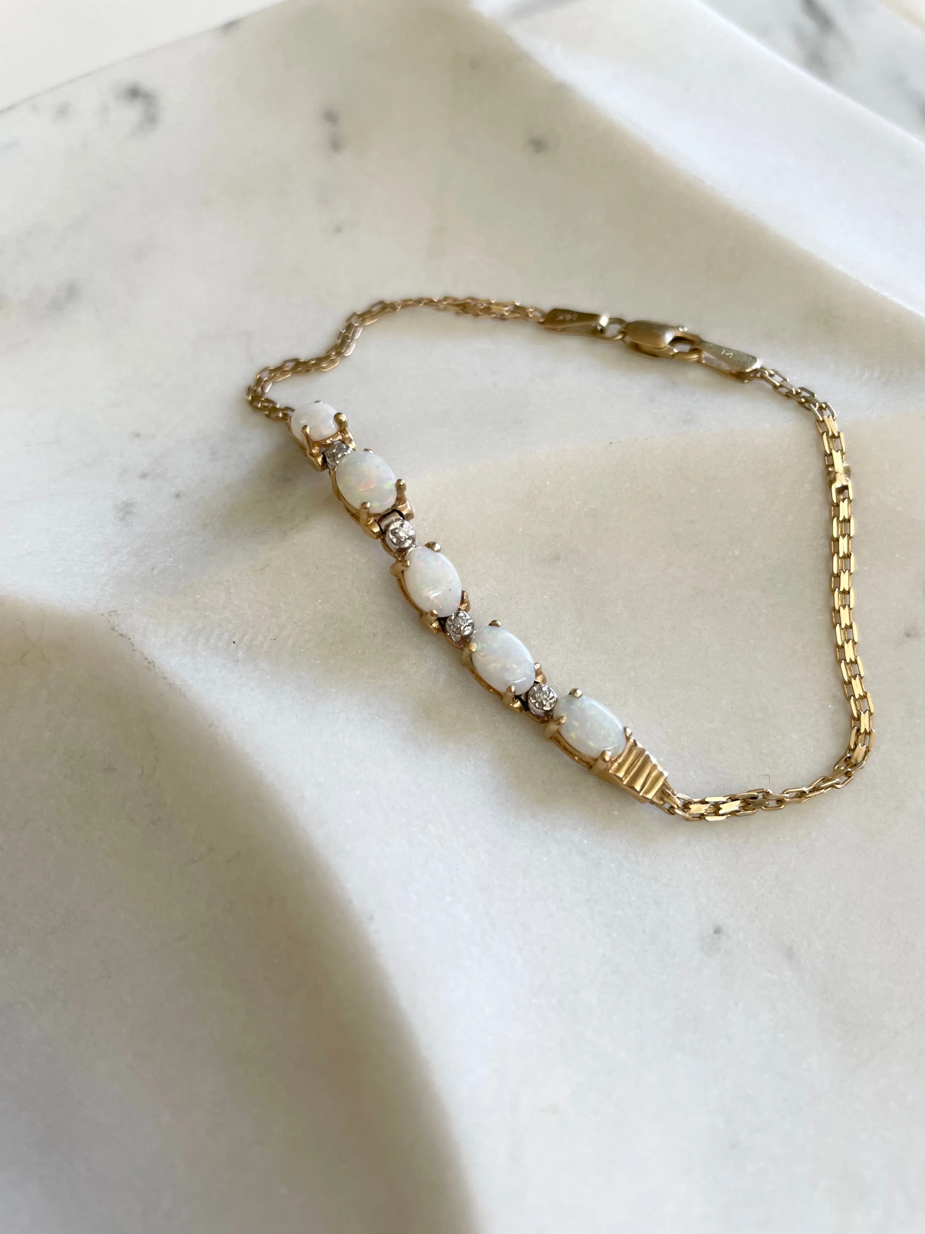 Vintage 14K Gold, Opal & Diamond Bracelet